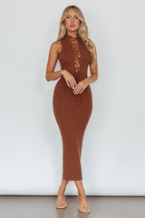 Brand New Day Lace-Up Bust Knit Midi Dress Chocolate