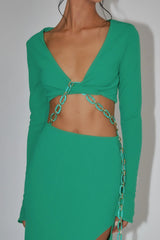 Sigournie Long Sleeve Chain Midi Dress Green