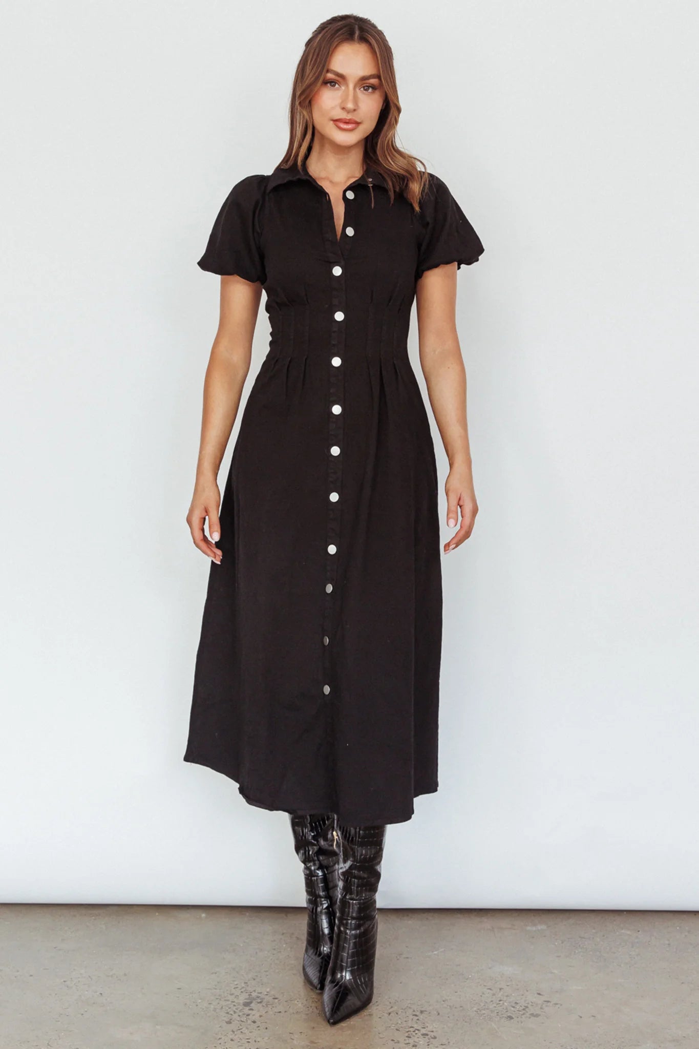 Zurich Pleated Waist Midi Dress Black